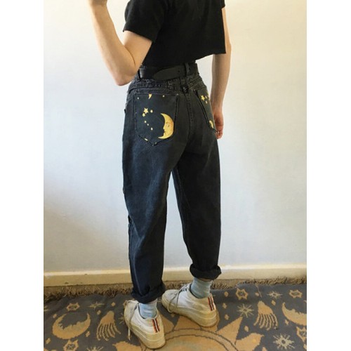 Women Design Cartoon Disk Sun Moon Print High Waist Jeans