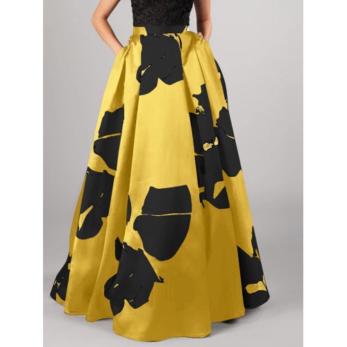 Women Large Flower Print A-Line Swing Casual High Waist Skirts With Pocket