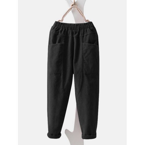Women Solid Corduroy Elastic Waist Wide-Legged Smple Comfortable Pants