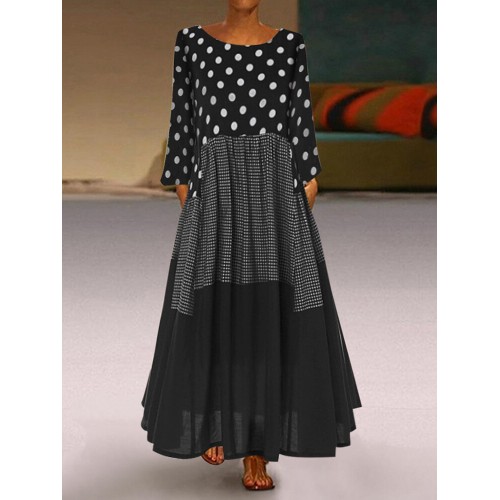 Crew Neck Polka Dot splice Long Sleeve Maxi Dress