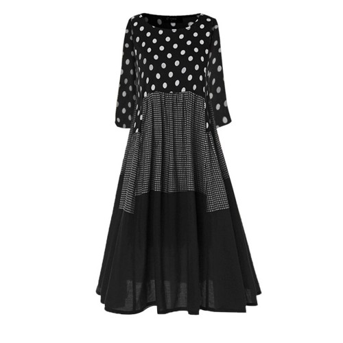 Crew Neck Polka Dot splice Long Sleeve Maxi Dress