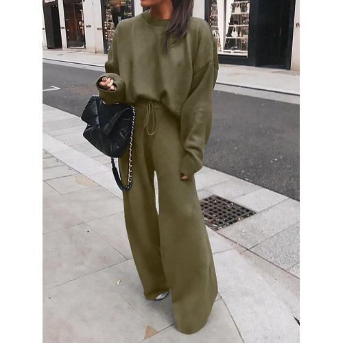 Solid Drop Shoulder Elastic Waist Drawstring Pocket Two Pieces Set