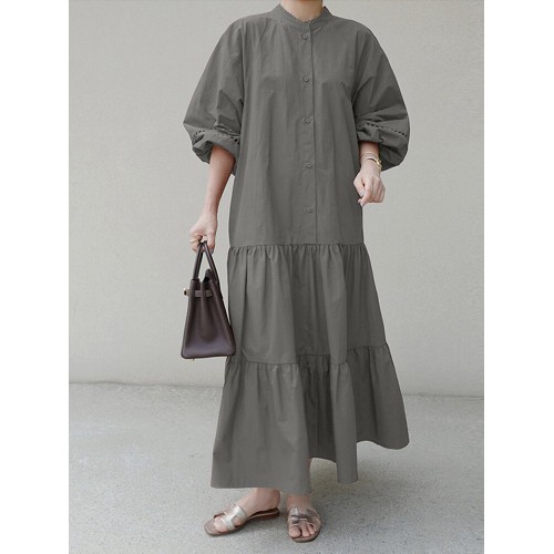 Plus Size Solid Color Tiered Ruffle Long Sleeve Shirt Casual Maxi Dresses For Women
