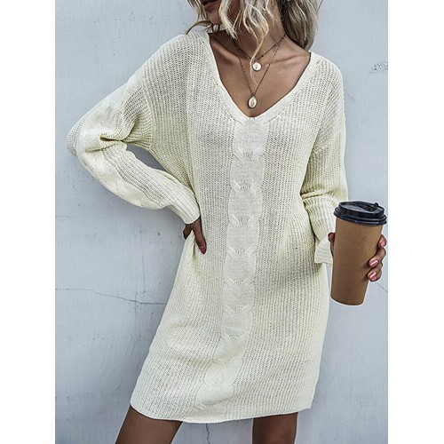 Plus Size Women Cable Knitted V-Neck Long Sleeve Simple Sweater Mini Dresses