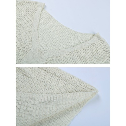 Plus Size Women Cable Knitted V-Neck Long Sleeve Simple Sweater Mini Dresses