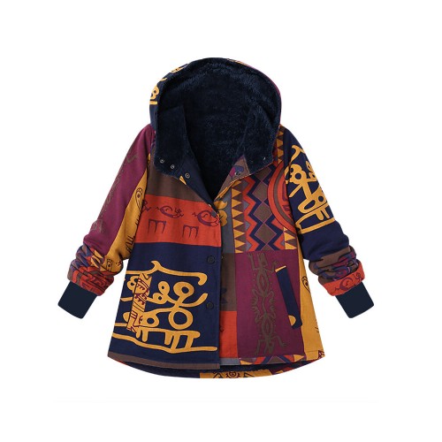 Plus Size Women Vantage Printed Hooded Pocket Coats