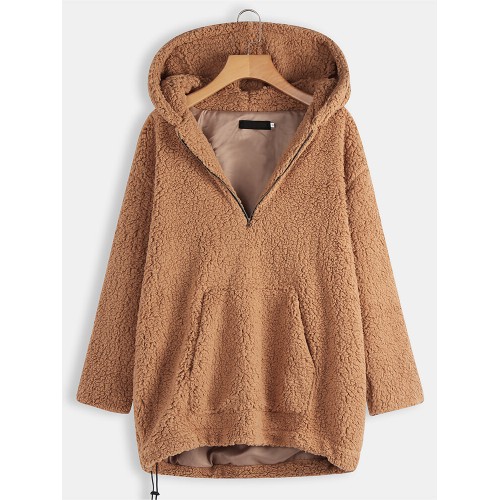 Villus Faux Fur Zipper Hooded Coats with Pocket