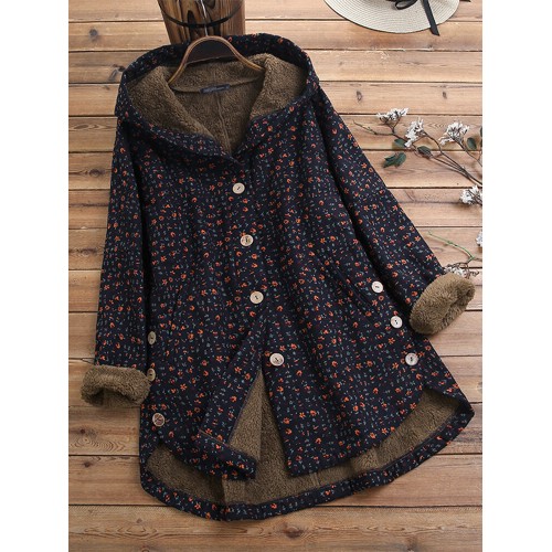 Women Vintage Floral Print 3/4 Sleeve High Low Button Coats