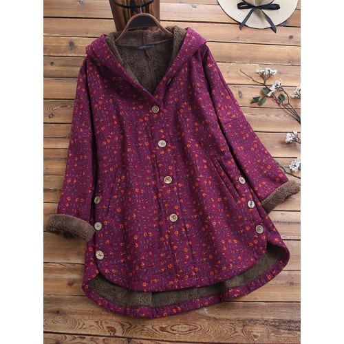 Women Vintage Floral Print 3/4 Sleeve High Low Button Coats