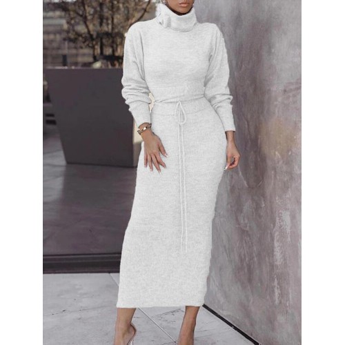 Women Knitting High Neck Pullover Top Slim Skirt Two Piece Sweater Set