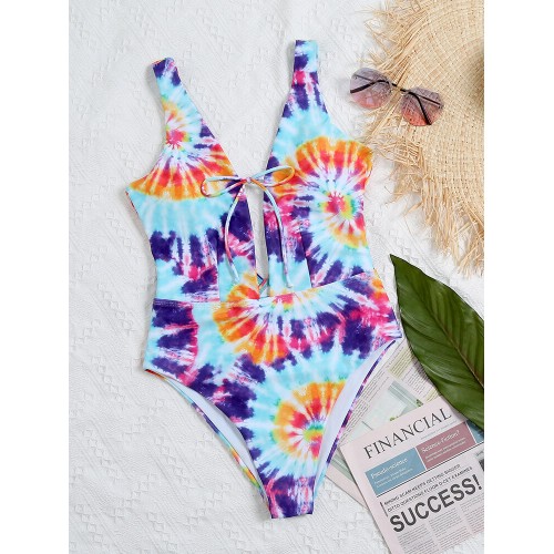 Colorful Tie Dye Bowknot Trim High Fork One Piece Women Beach Swimwear