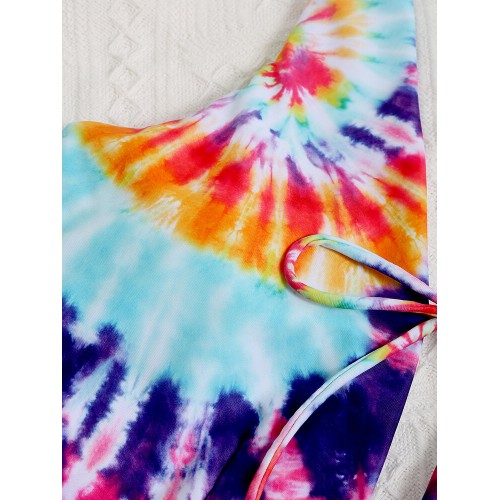Colorful Tie Dye Bowknot Trim High Fork One Piece Women Beach Swimwear