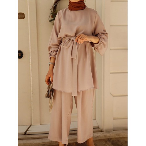 Women Solid Color Wide Leg Pants Daily Casual Loose Two-Piece Set With Belt