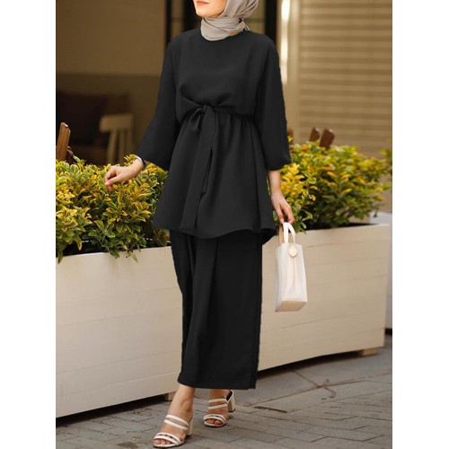 Women Solid Color Wide Leg Pants Daily Casual Loose Two-Piece Set With Belt