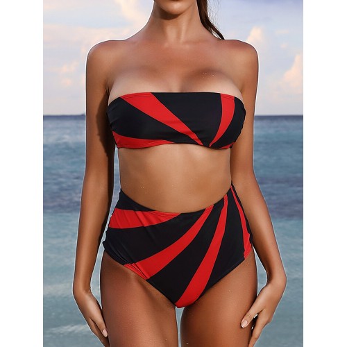 Women Color Block High Waist Bikini Bandeau Strapless Swimwear