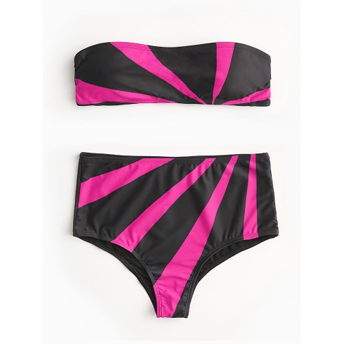 Women Color Block High Waist Bikini Bandeau Strapless Swimwear