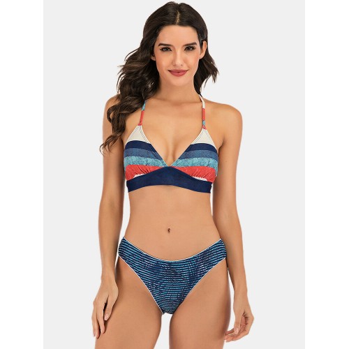 Women Multi-Color Striped Triangle Backless Swimsuit Bikini