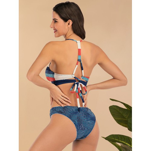 Women Multi-Color Striped Triangle Backless Swimsuit Bikini