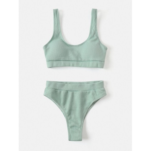 Women Solid Color Vest Texture High Waist Bikini Backless Siwmwear