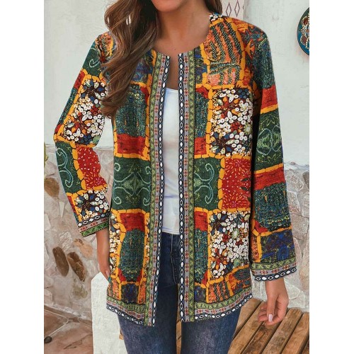 Ethnic Style Floral Print Patchwork Long Sleeve Vintage Coats With Pockets