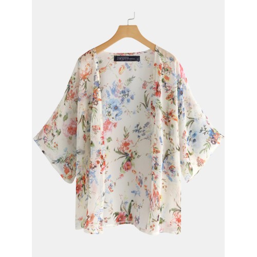 Women Bat Sleeve Floral Print Bohemian Style Simple Casual Cardigan