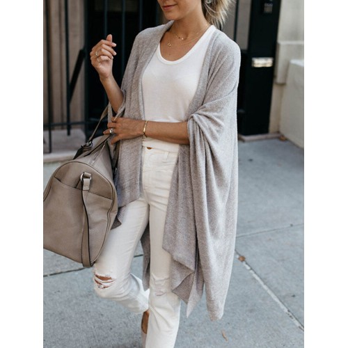 Women Plain Simple Casual Loose Knitted Irregular Hem Cardigan