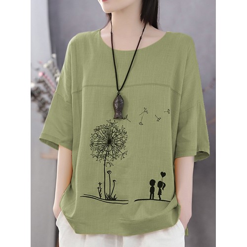 Cotton Flower Printed Round Neck Artsy Thin T-Shirt for Women