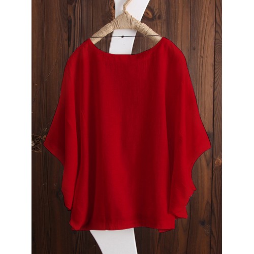 S-5XL Women Batwing Short Sleeve Solid Color Cotton Tee Blouse