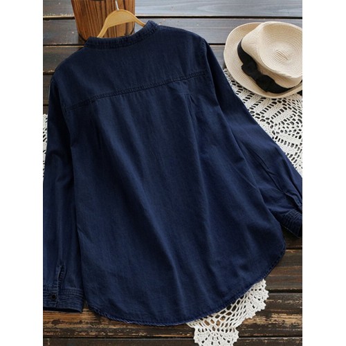 Women Casual Buttons Adjustable Sleeve Denim Blouse
