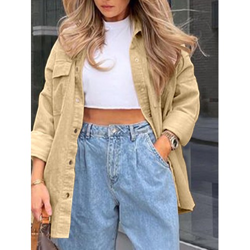 Women Corduroy Solid Color Chest Pocket Front Buttons Long Sleeve Casual Shirts