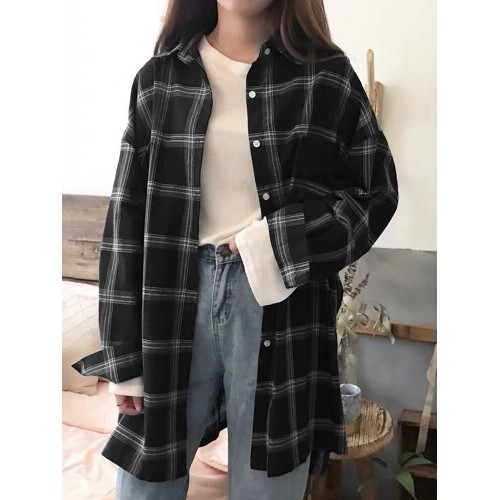 Women Plaid Side of The Split Button Chest Pocket Lapel Collar Casual Shirt